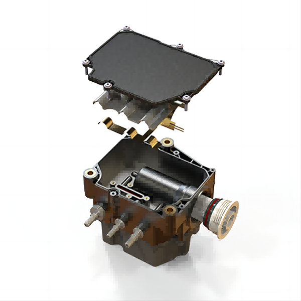 Small pump with black cover, featuring custom plastic molded parts.