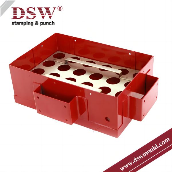 A metal enclosure box made from durable metals steel, or stainless steel with red paiting