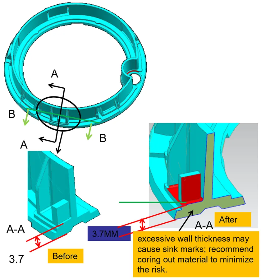 Shrinkage defect on plastic ring cover caused by uneven thickness and material contraction