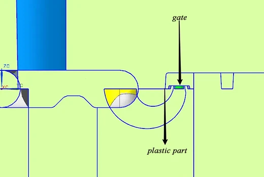 0.3–0.5 mm sub gate relief in a plastic injection mould for smooth part ejection