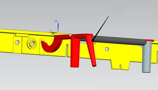 submarine-gate-single-product-auxiliary-runner Submarine gate moulding setup for producing a single plastic component with an auxiliary runner system
