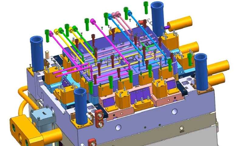 Injection mold showing cooling channels layout for efficient heat removal