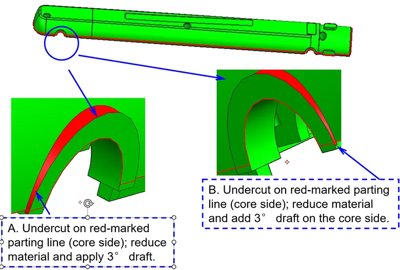 3° draft angle on core side for easier part ejection