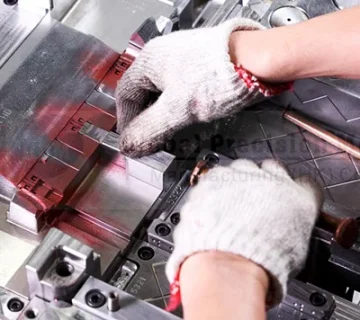 Technician inspecting and cleaning an injection mould to ensure proper maintenance and production quality