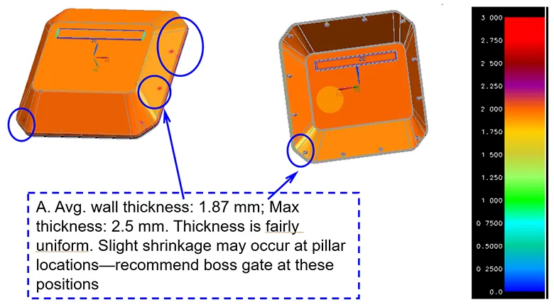 Plastic part showing uniform wall thickness for balanced strength and flow