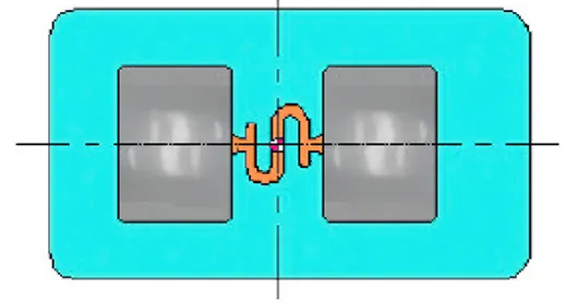 S-shaped runner design used for uniform plastic flow in transparent injection-moulded parts.